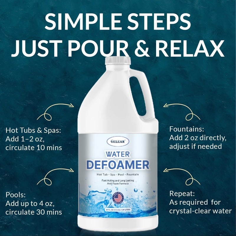 GELEAN Hot Tub Defoamer - Pool, Fountain, Spa Anti Foam Defoamer - Eco Friendly & Safe Water Anti Foam - Quickly Removes & Prevents Foam - Silicone Emulsion HotTub Chemicals Made in USA, (64 oz) - Image 3